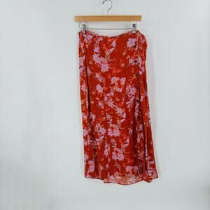 Free People Floral Midi Skirt Red Pink Button Slit Boho Flowing Lightweight 12